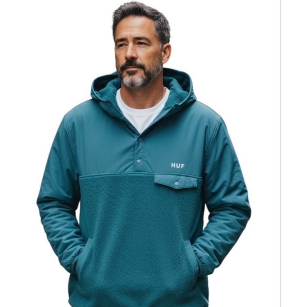 HUF Worldwide Mens Small Teal Mixed Media Fleece Nylon Quarter Snap Hoodie